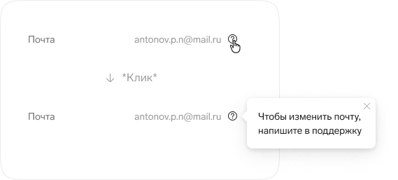 Строка «Почта» с серым значением «antonov.p.n@mail.ru», курсор на иконке вопроса рядом. После клика по иконке открывается подсказка с крестиком: «Чтобы изменить почту, напишите в поддержку».